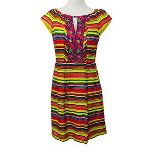 Nanette Lepore Linen Dress Size 8 Vibrant Stripes Beaded Neck Ruffle Accent
